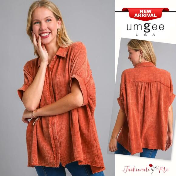 Umgee Cotton Gauze Short Sleeves Raw Hem Mineral Wash Button Down Shirt | Orange - Picture 1 of 4